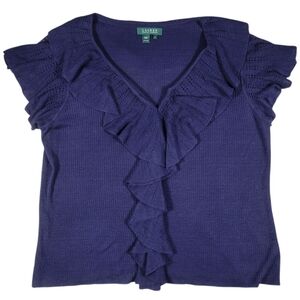 LRL Ralph Lauren Blouse Womens 1X Navy Blue 100% Linen Knit‎ Ruffle V Neck Top